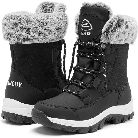 Women’s Black Waterproof Snow Boots Mid-Calf Faux Fur Lined Non-Slip - Picture 3 of 9